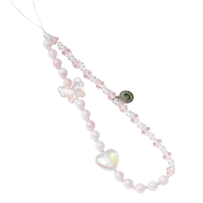 Pink Butterfly & Love Heart Crystal 手機串珠掛繩