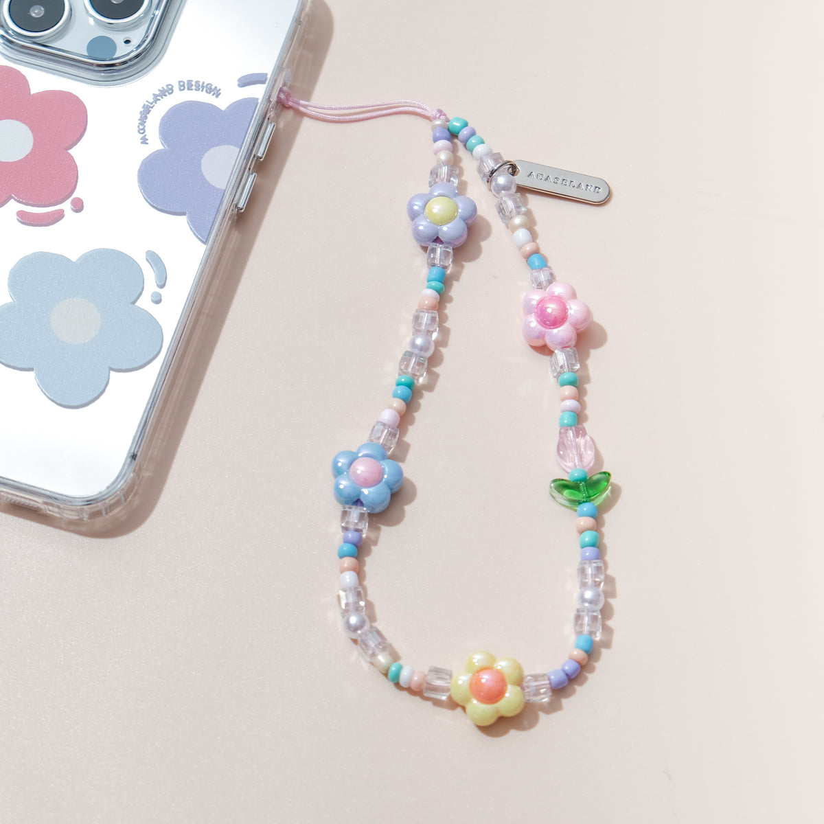 彩色小花 手機串珠掛繩