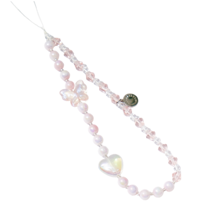 Pink Butterfly & Love Heart Crystal 手機串珠掛繩